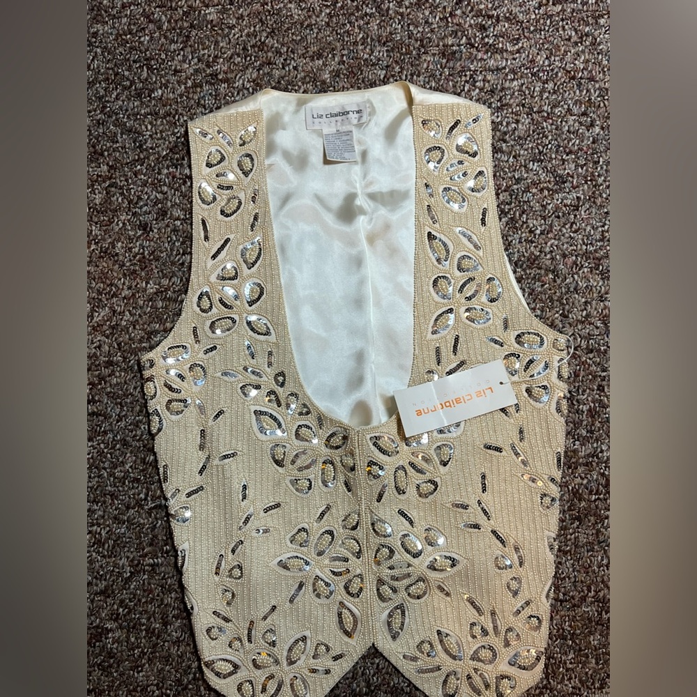 NWT Vintage Liz Claiborne 100% Silk Beaded Vest Glam Formal M - Picture 2 of 13
